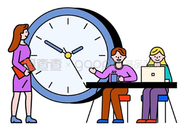 商務(wù)咨詢?nèi)藛T和與筆記本電腦的交流。工作時間、工作時間的男女。使用筆記本電腦的工人字符接近時鐘符號,專業(yè)團(tuán)隊(duì)合作向量。與筆記本電腦合作的商務(wù)咨詢